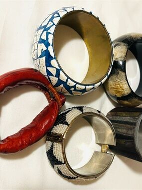 5 Vintage Bracelets Laura Vogel, leather, 3 Cuffs. All 5 bracelets. Variety lot.